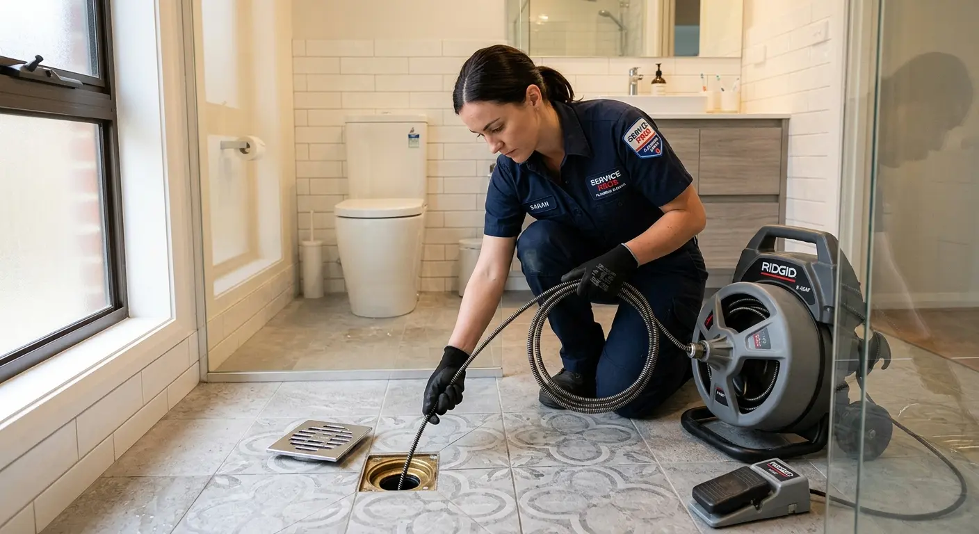 Technician clearing a bathroom floor drain for Drain Repair in Lanham